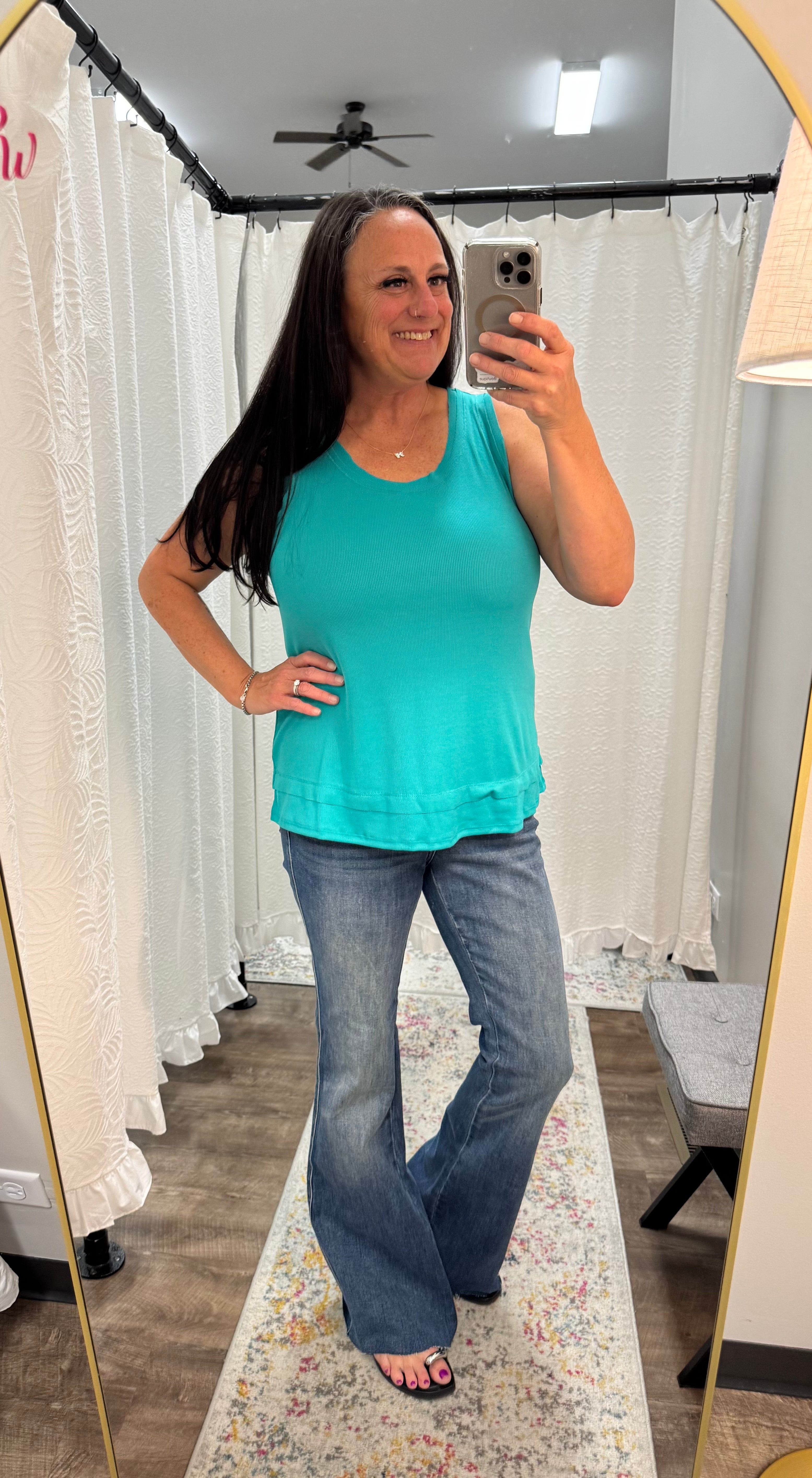 Emerald Ribbed Tank Top w/ Raw Edge Detail - Posh West Boutique