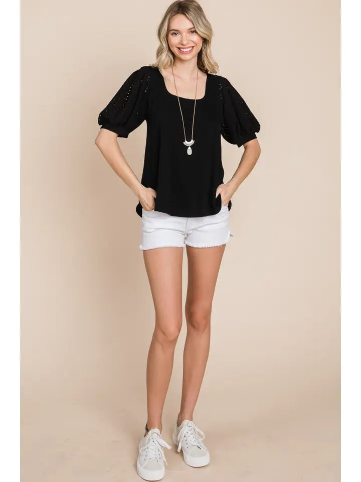 Black Eyelet Bubble Sleeves Solid Knit Top - Posh West Boutique
