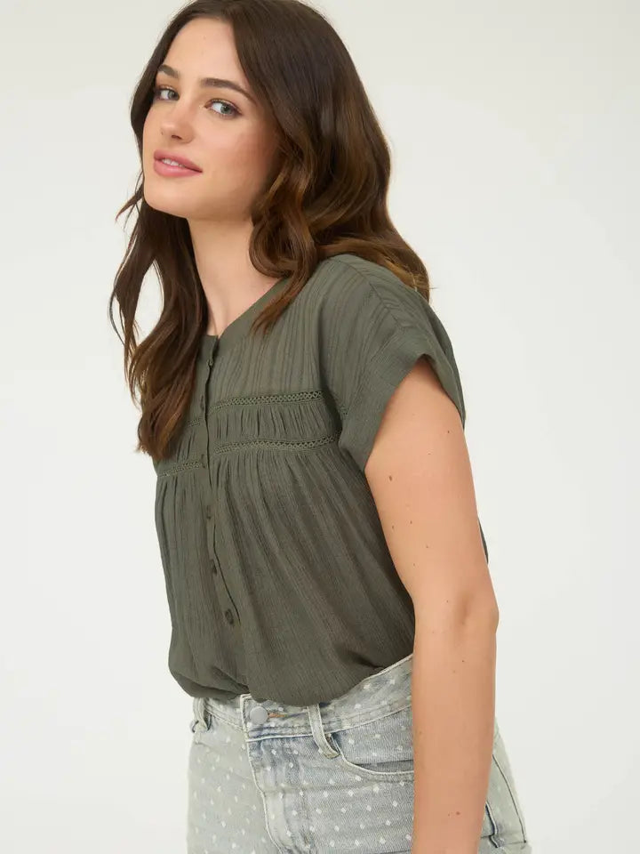 Olive Eyelet Trim Half Button Short Sleeve Top - Posh West Boutique