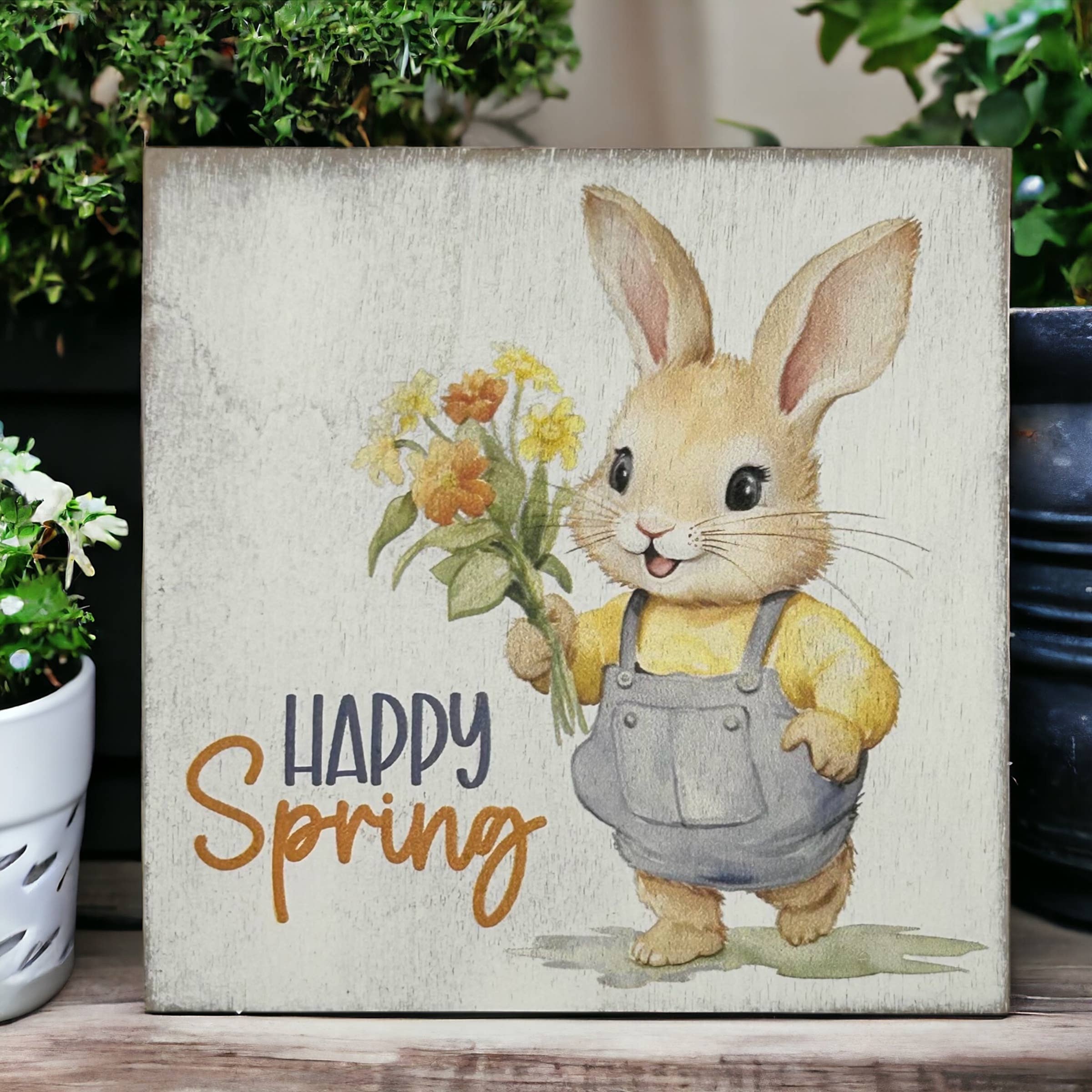 Happy Spring - Spring Bunny Decor Block Sign - Posh West Boutique