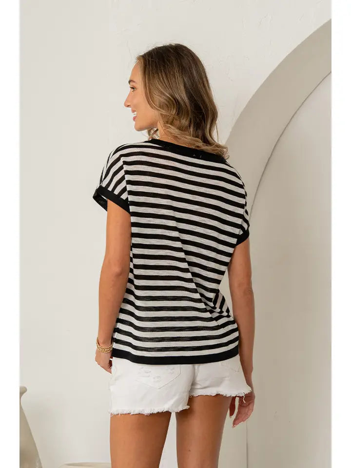 Black/White Short Sleeve Stripe Top - Posh West Boutique