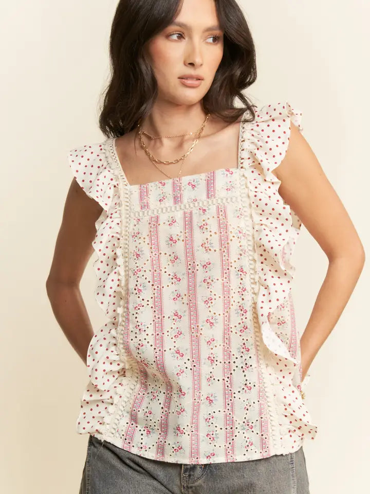 Eyelet Print Embroidered Ruffle Sleeve Top - Posh West Boutique