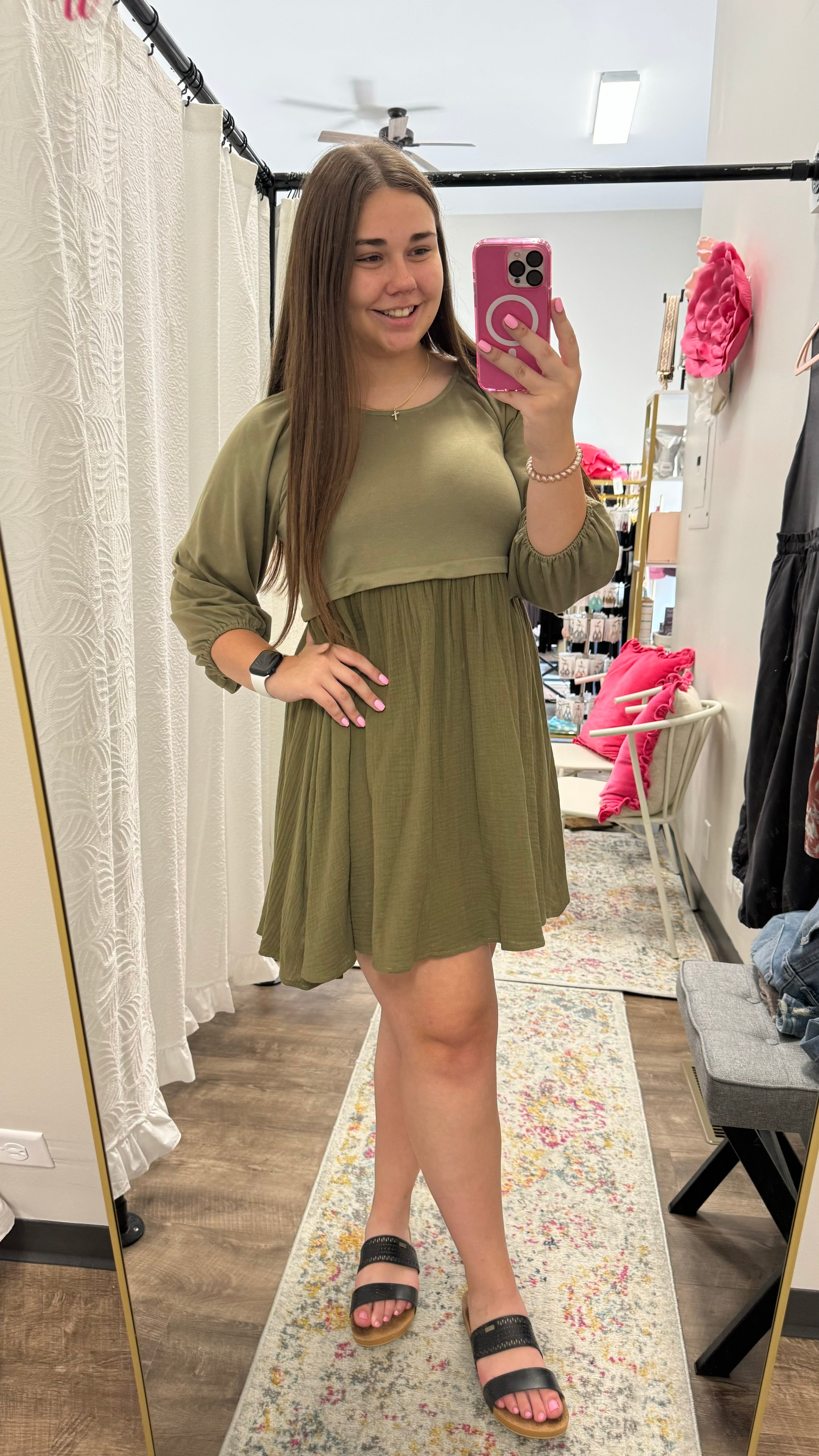 The Dawn Dress in Dusty Olive 3/4 Sleeve - Posh West Boutique