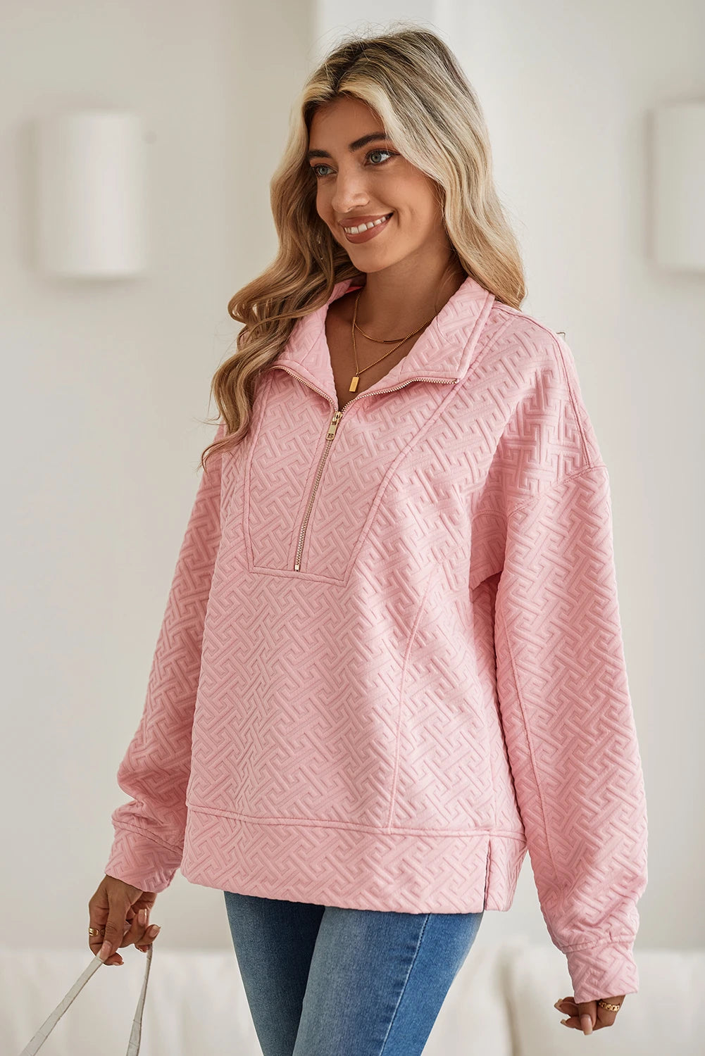 Light Pink Textured Half Zip Collared Sweatshirt - Posh West Boutique