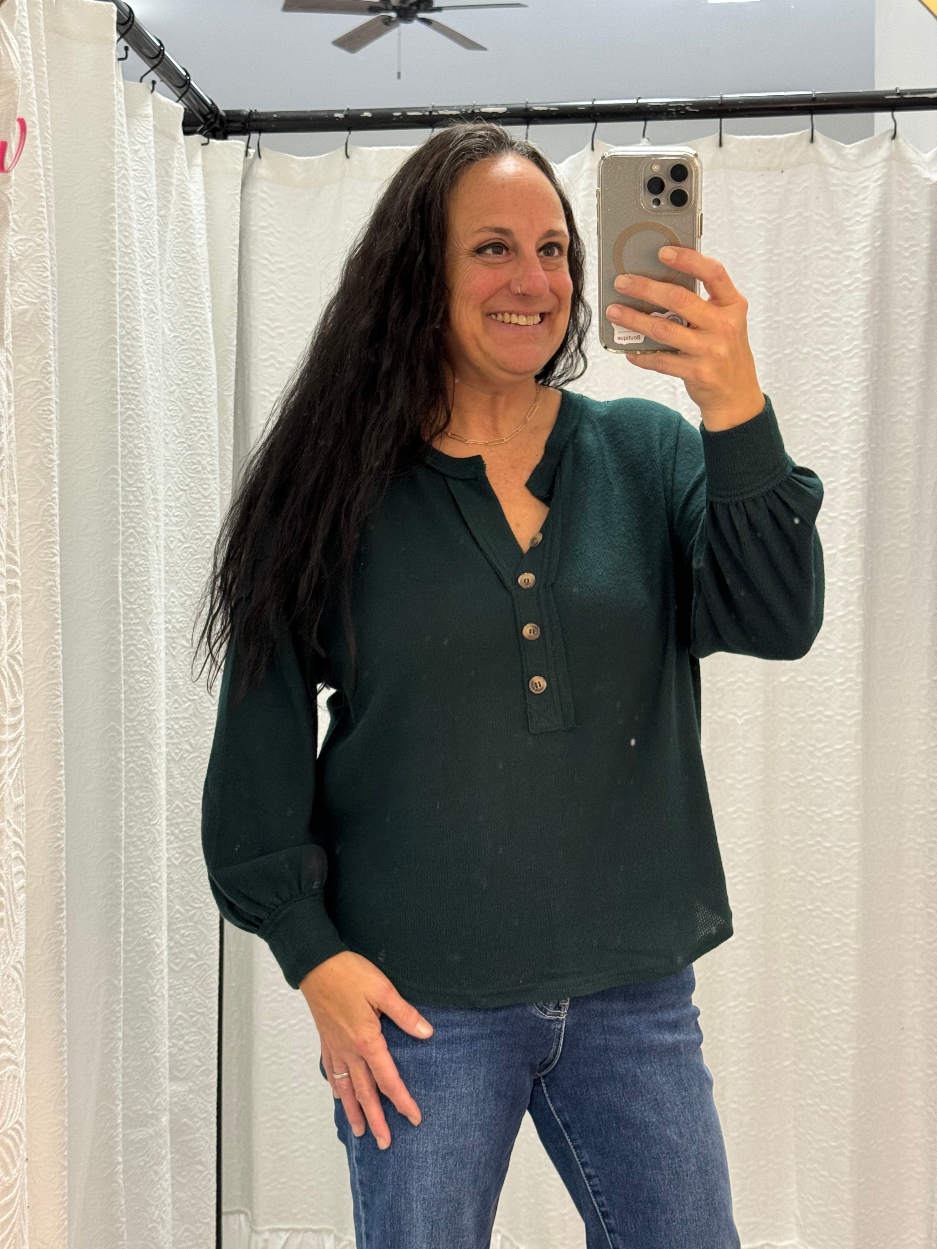 Hunter Green Half Button Up V Neck Top - Posh West Boutique