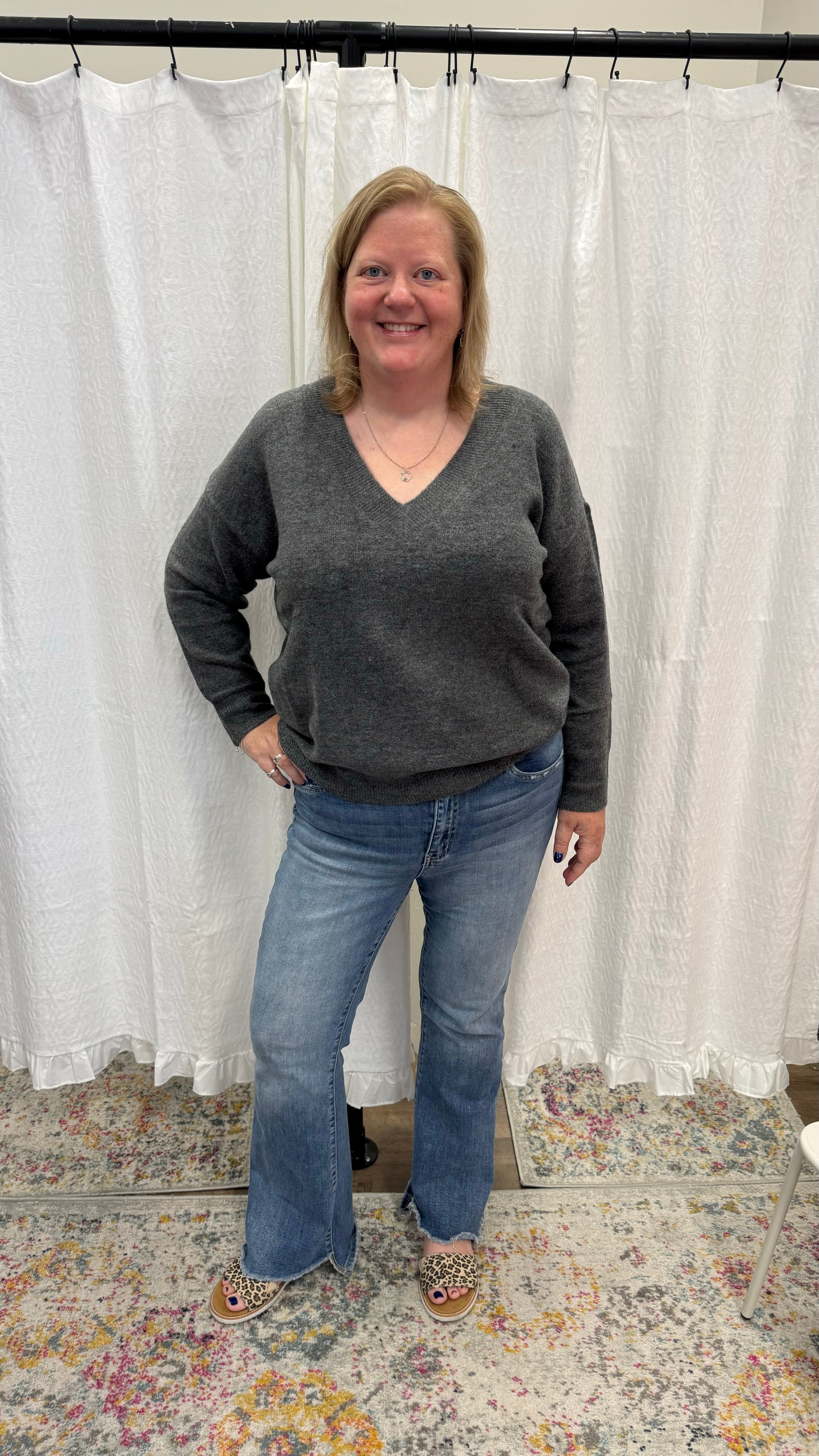 Charcoal V Neck Drop Knit Sweater - Posh West Boutique