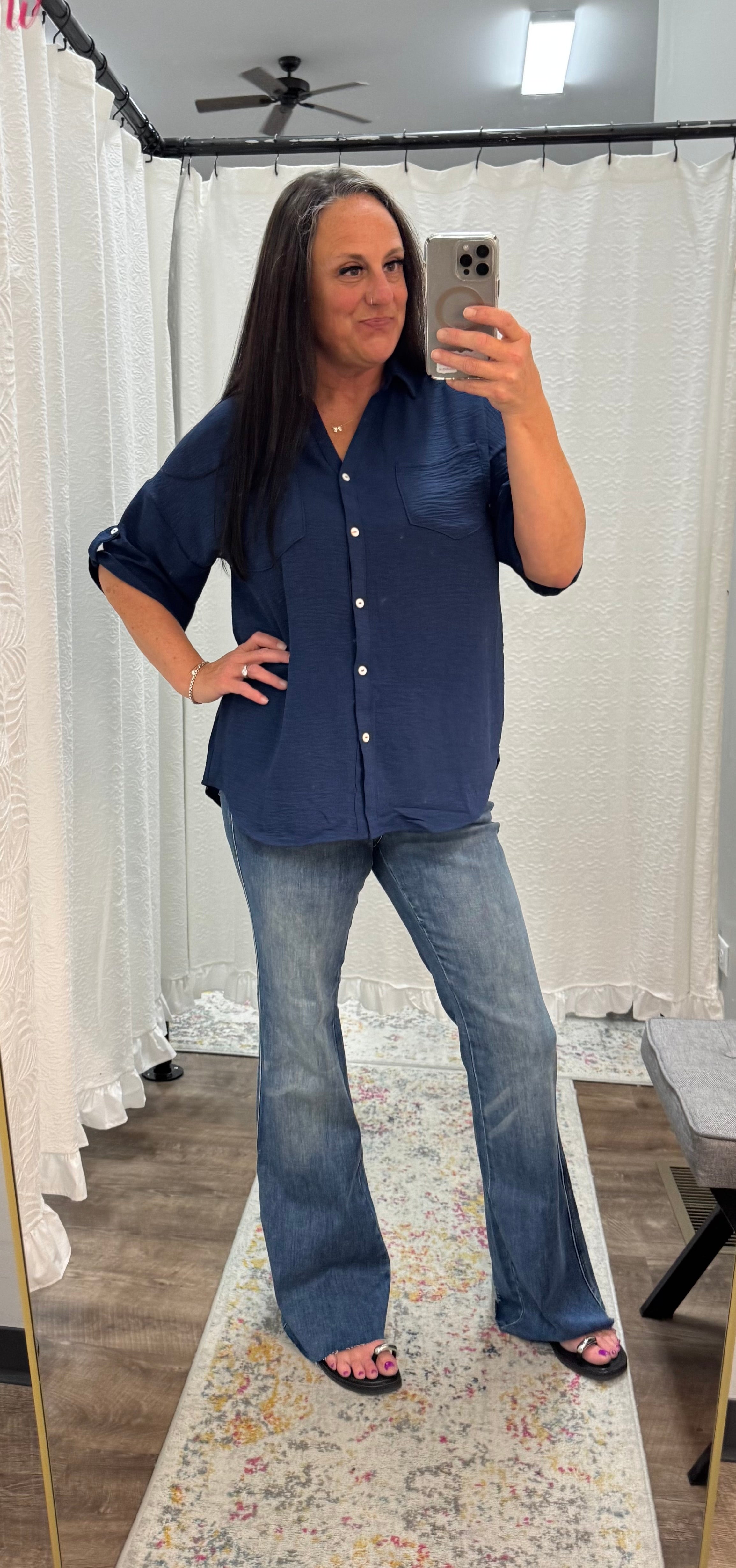 Navy Half Sleeve Collared Button Down Top
