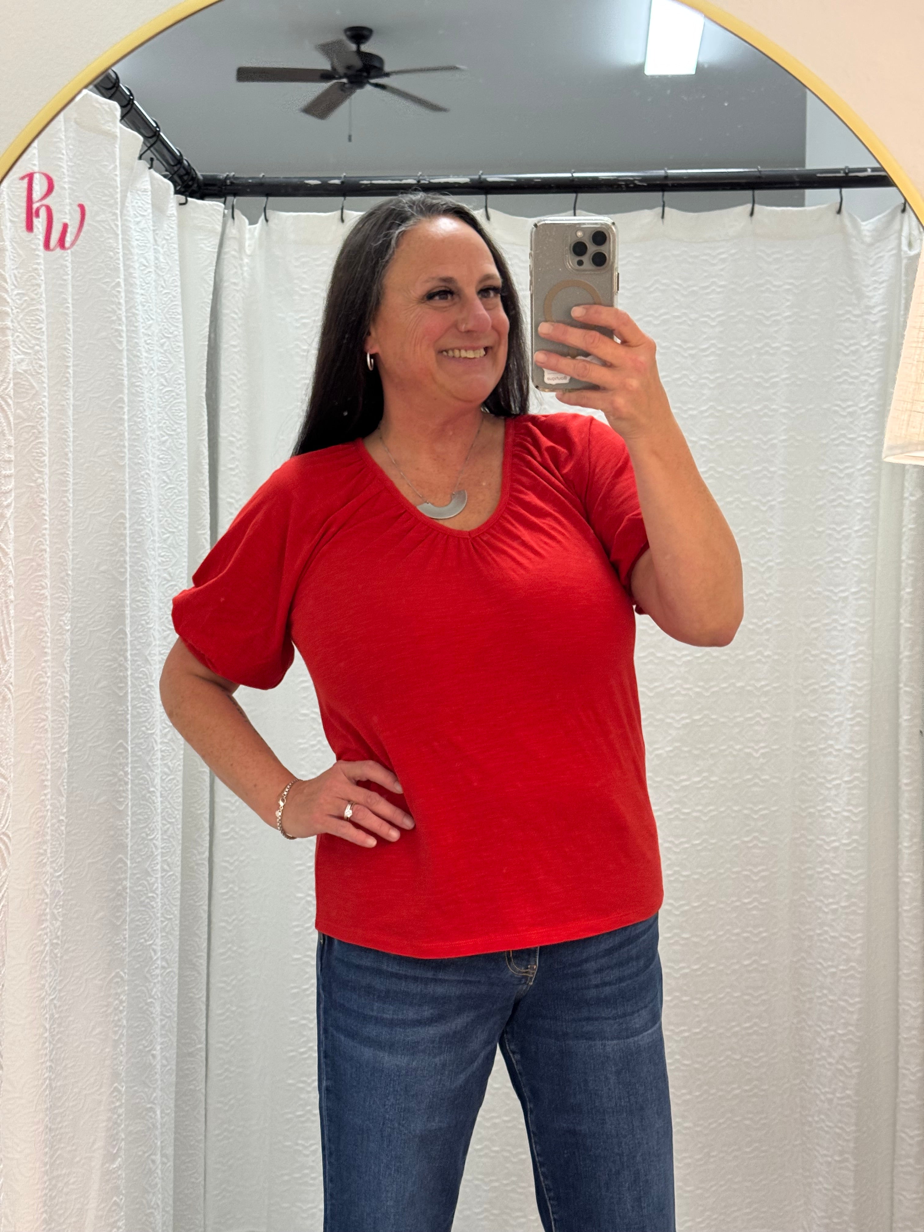 Aura Red V-Neck Short Puff Sleeve