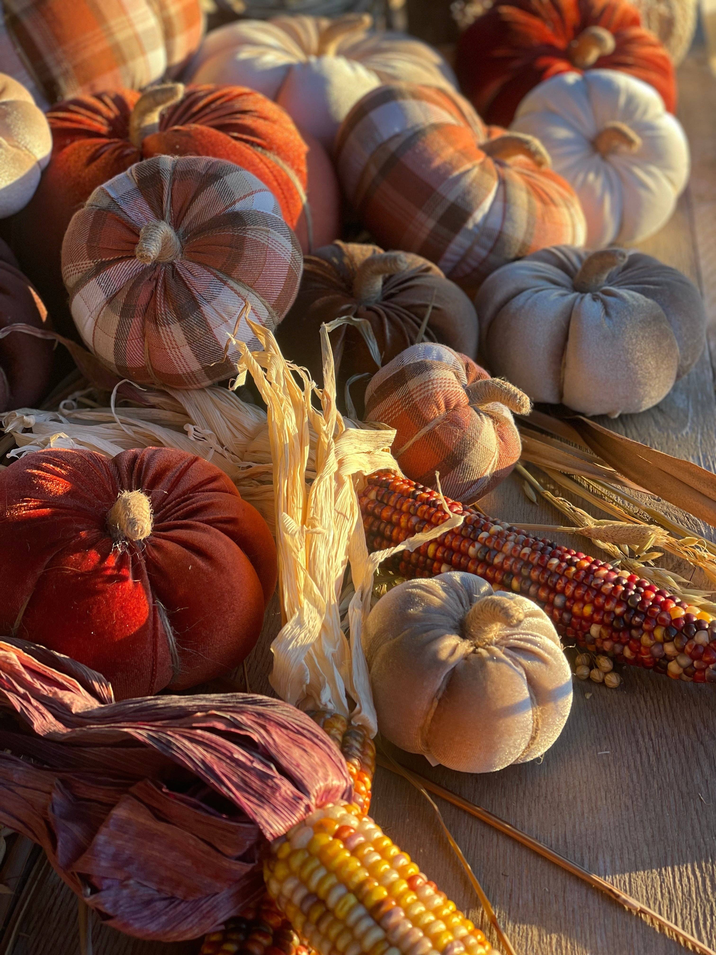 Lrg. Autumn Plaid Fall Fabric Pumpkin