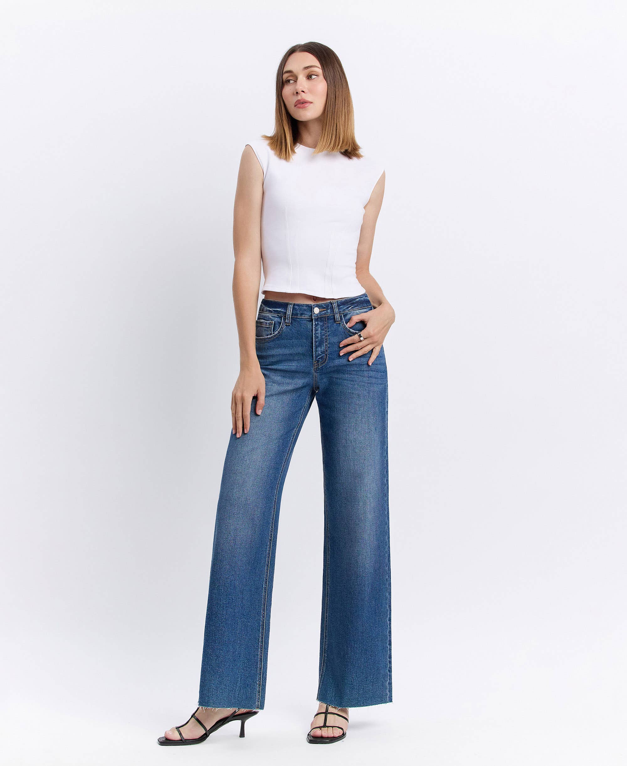Vervet Wide Leg High Rise Clean Cut Raw Hem Jeans