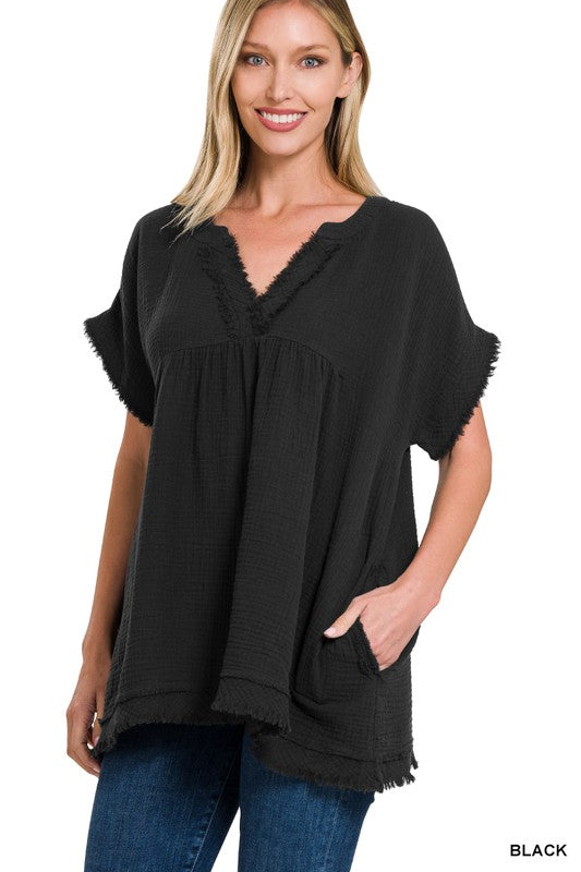Black Gauze Raw Edge Short Sleeve V-neck Shirt - Posh West Boutique