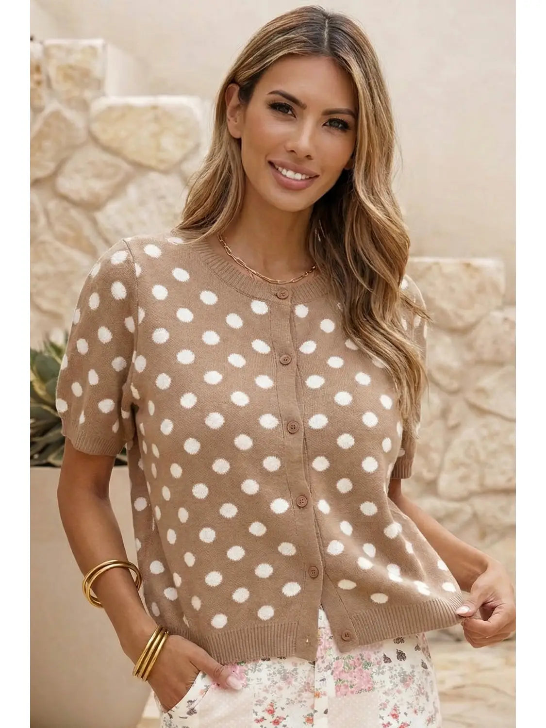 Polka Dot Short Sleeve Button Down Sweater Cardigan