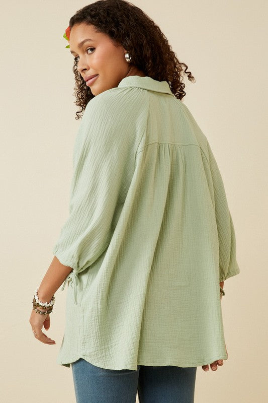 Mint Crinkle Texture Tie Sleeve Button Top - Posh West Boutique
