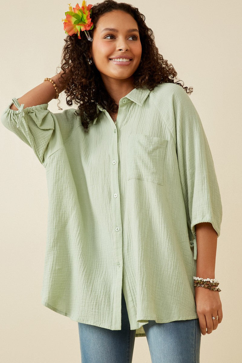 Mint Crinkle Texture Tie Sleeve Button Top - Posh West Boutique