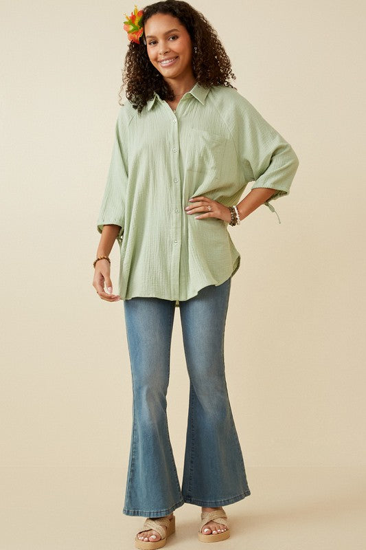 Mint Crinkle Texture Tie Sleeve Button Top - Posh West Boutique