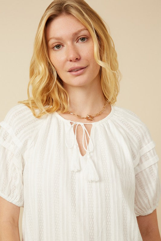Off White Tassel Pleated Top - Posh West Boutique