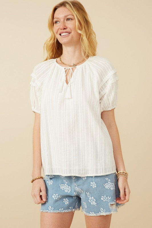 Off White Tassel Pleated Top - Posh West Boutique