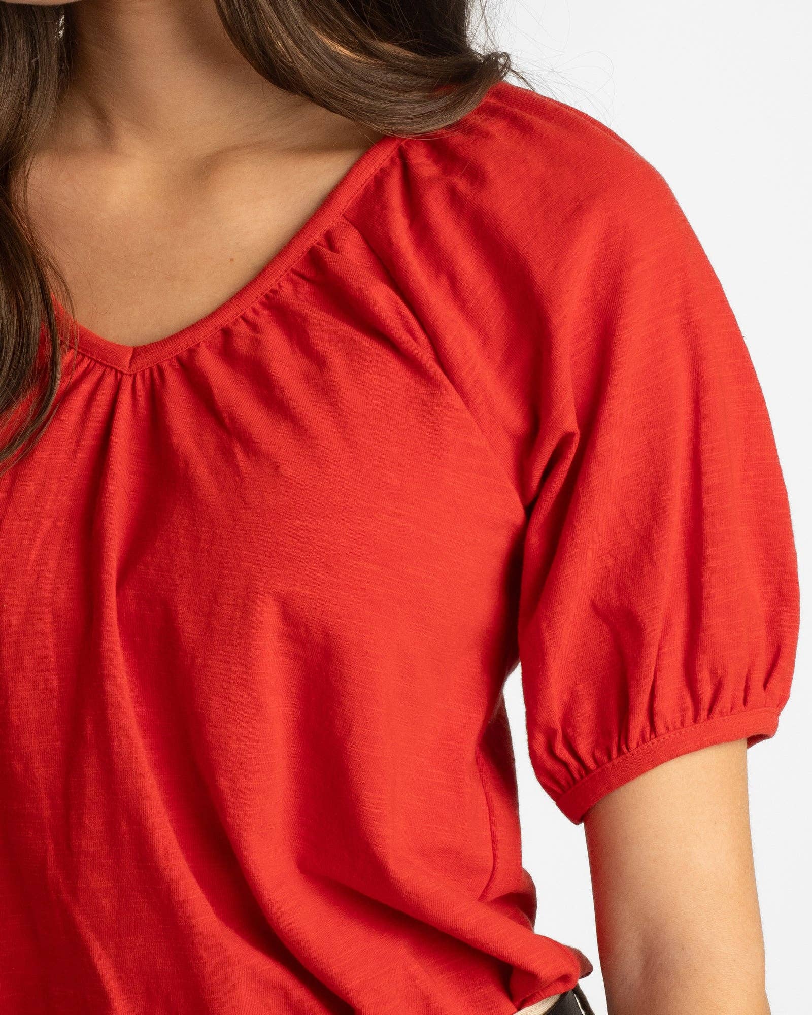 Aura Red V-Neck Short Puff Sleeve