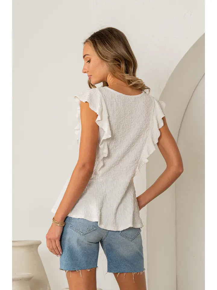 Off White Relaxed Fit V Neck Ruffle Sleeves Top - Posh West Boutique