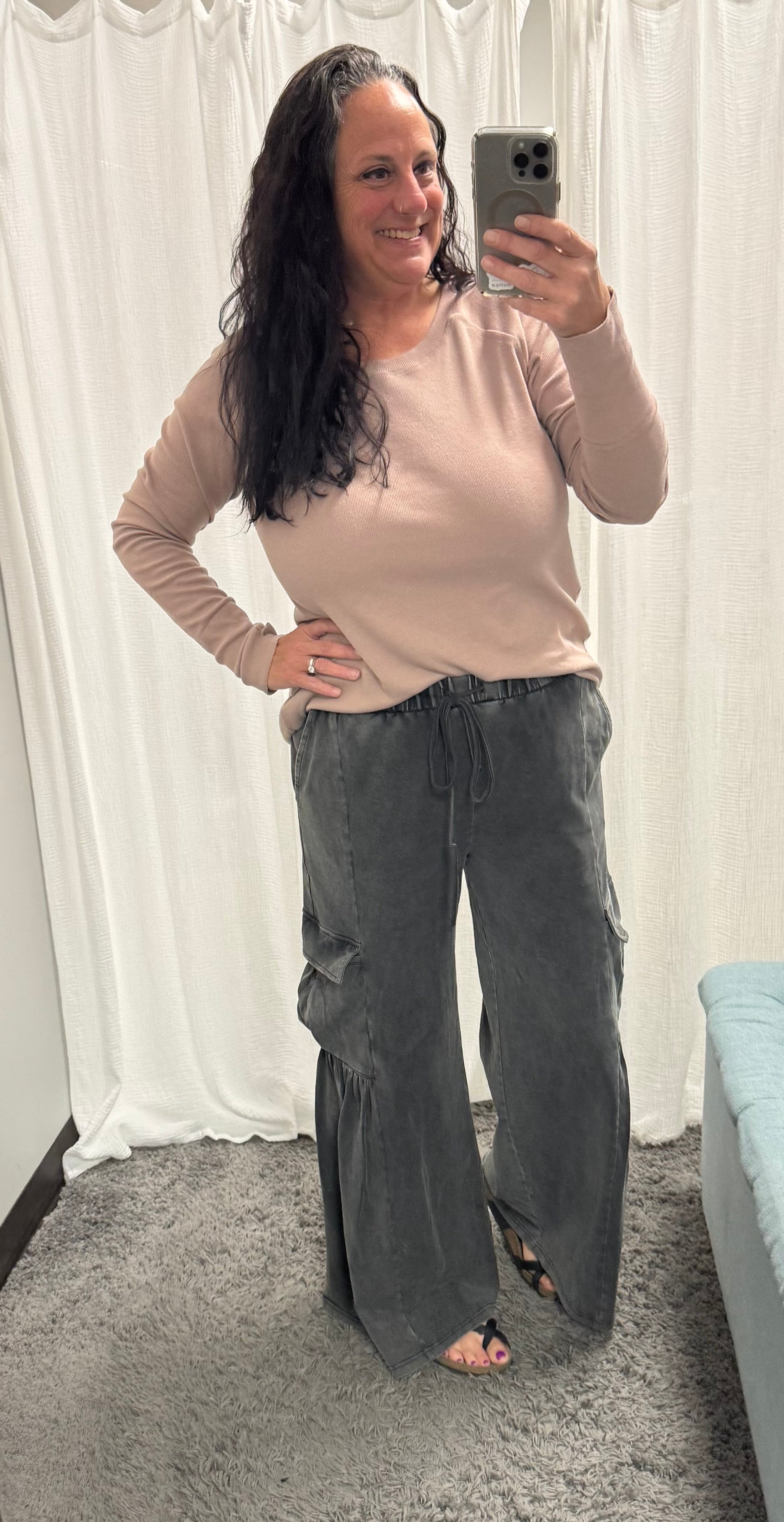 Mineral Wash Soft Knit Cargo Pants w/ Wide Leg - Posh West Boutique