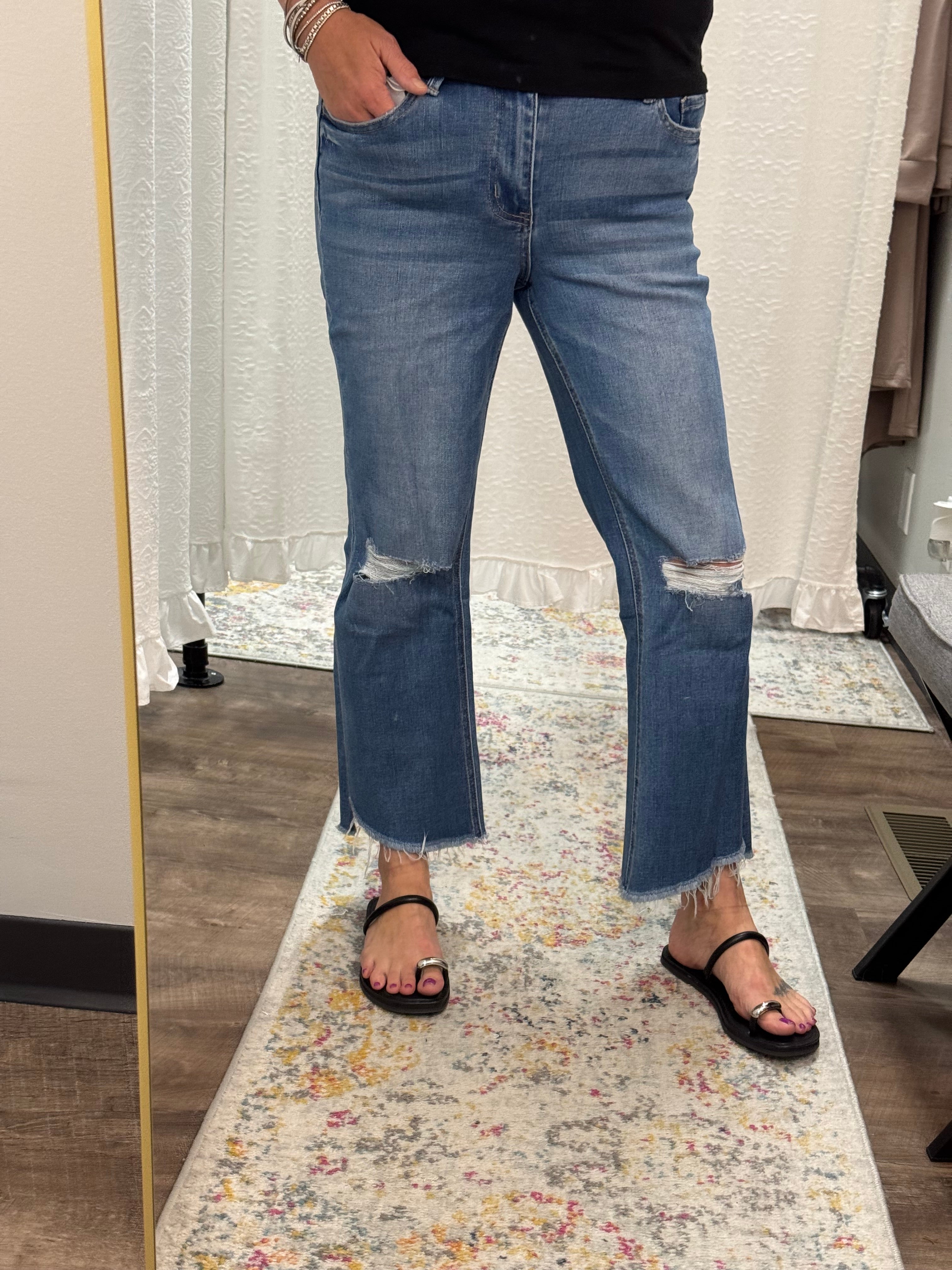 Vervet Mid Rise Raw Step Hem Kick Flare Jeans - Posh West Boutique