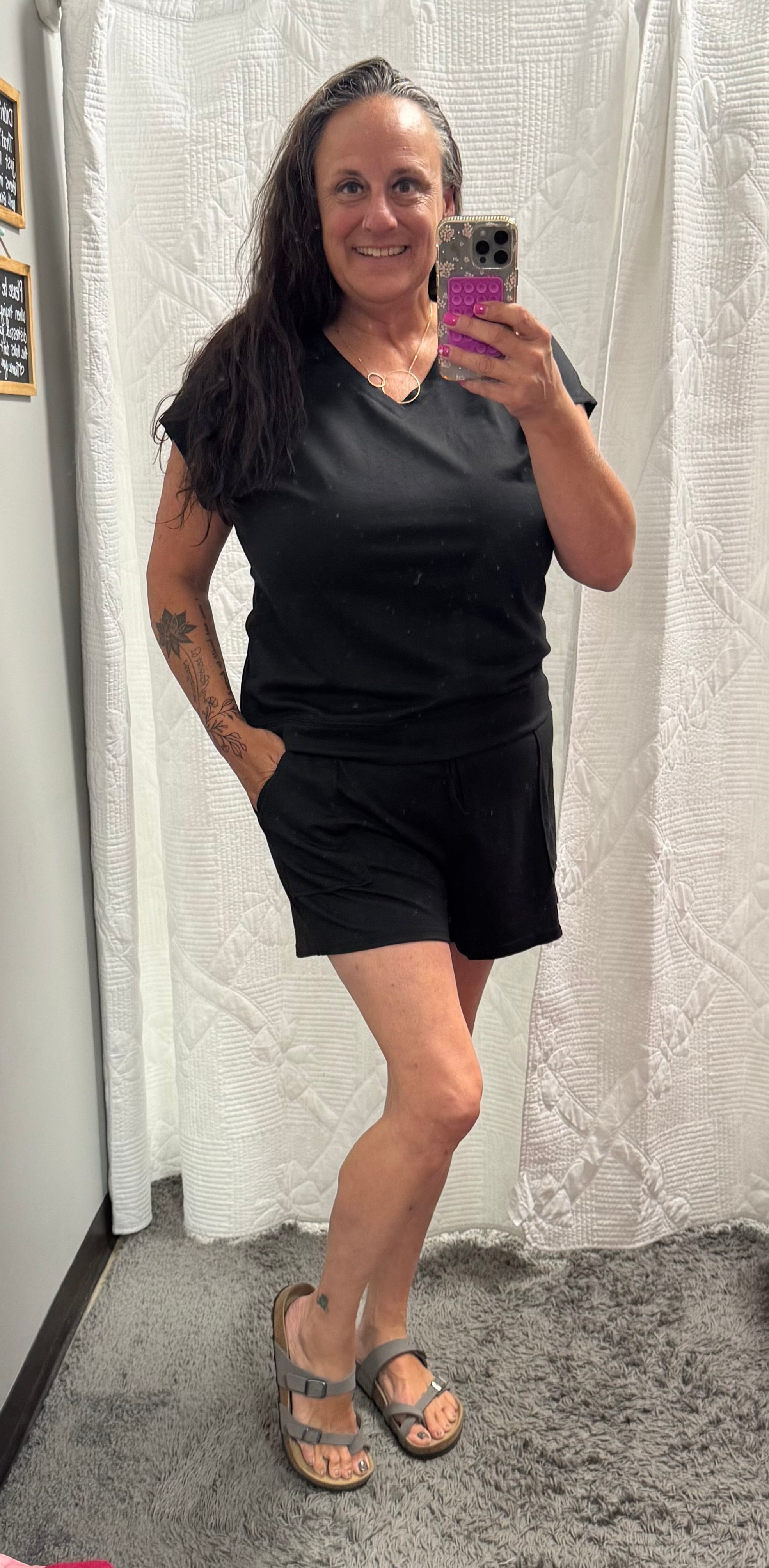 Black V Neck Short Sleeve Top & Drawstring Shorts Set