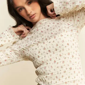 Cream Floral Print Mock Neck Long Sleeves Knit Top - Posh West Boutique