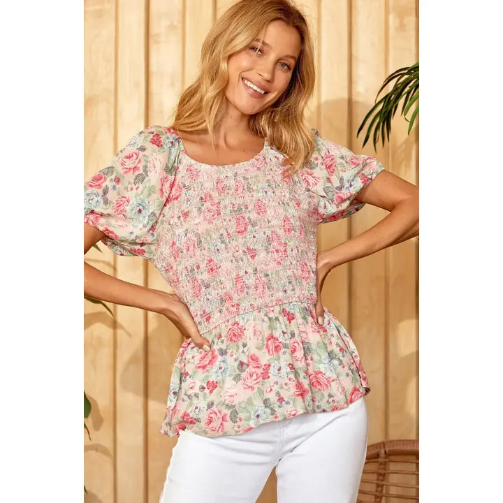 Blush Floral Print Smock Top - Posh West Boutique