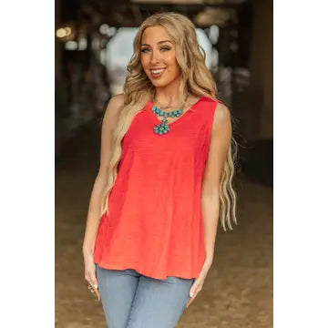 Hot Coral V Neck Cotton Tank Top - Posh West Boutique