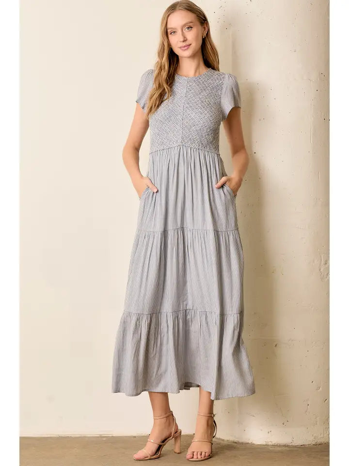 Smocked Bodice Striped Tiered Maxi