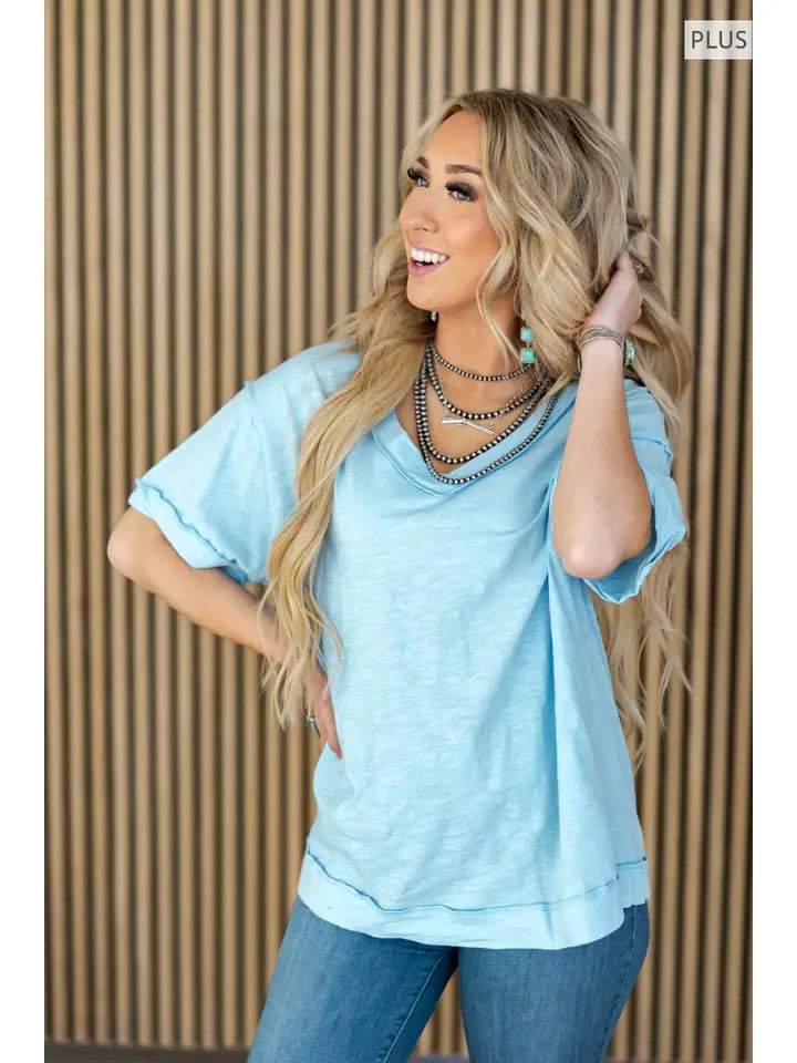 Light Blue Raw Edge Cotton V Neck Top - Posh West Boutique