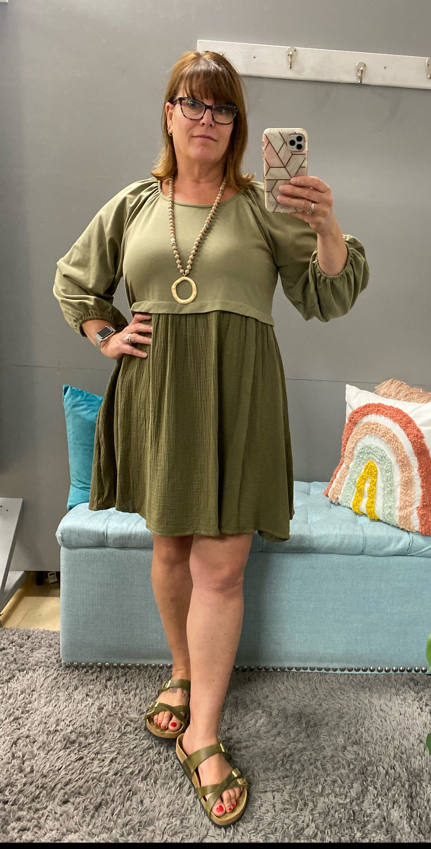 The Dawn Dress in Dusty Olive 3/4 Sleeve - Posh West Boutique