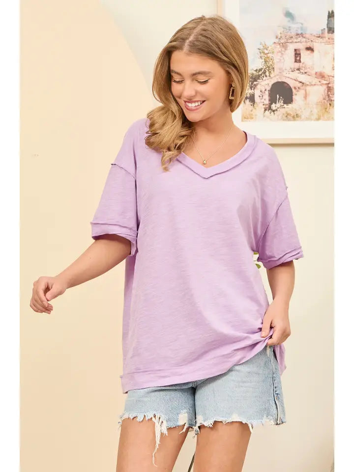 Lilac Raw Edge Cotton V Neck Top