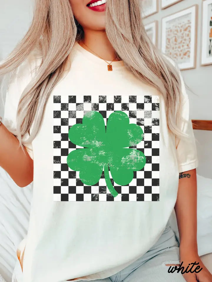 Checkered Shamrock T-Shirt (white) - Posh West Boutique