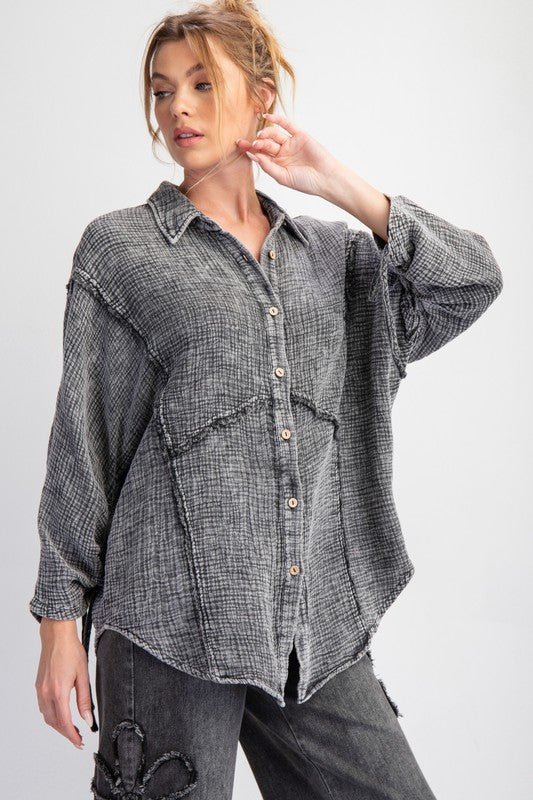 Smoke Button Down Washed Cotton EASEL Shirt - Posh West Boutique