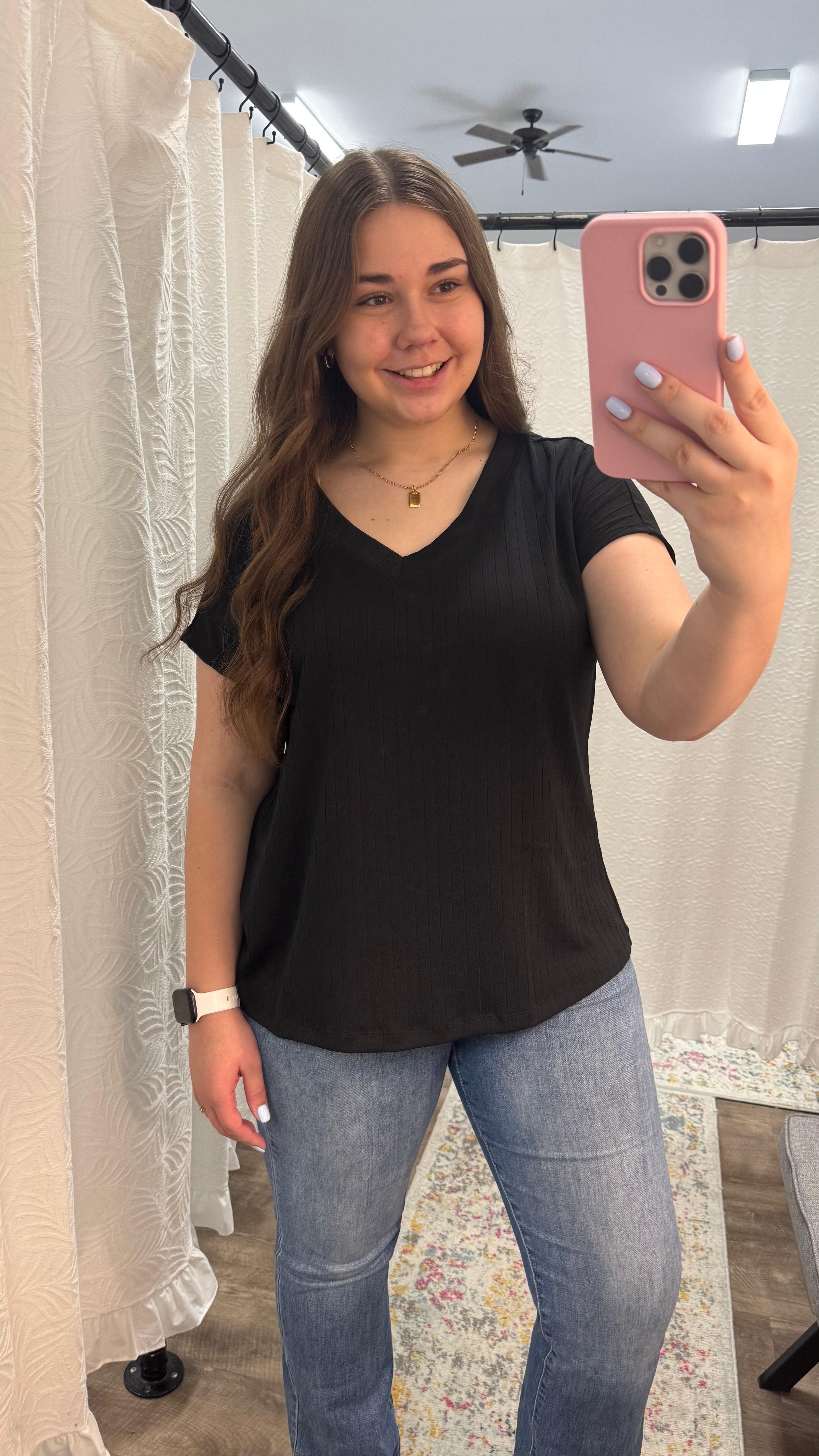 Black Casual Thick Ribbed V Neck Top - Posh West Boutique