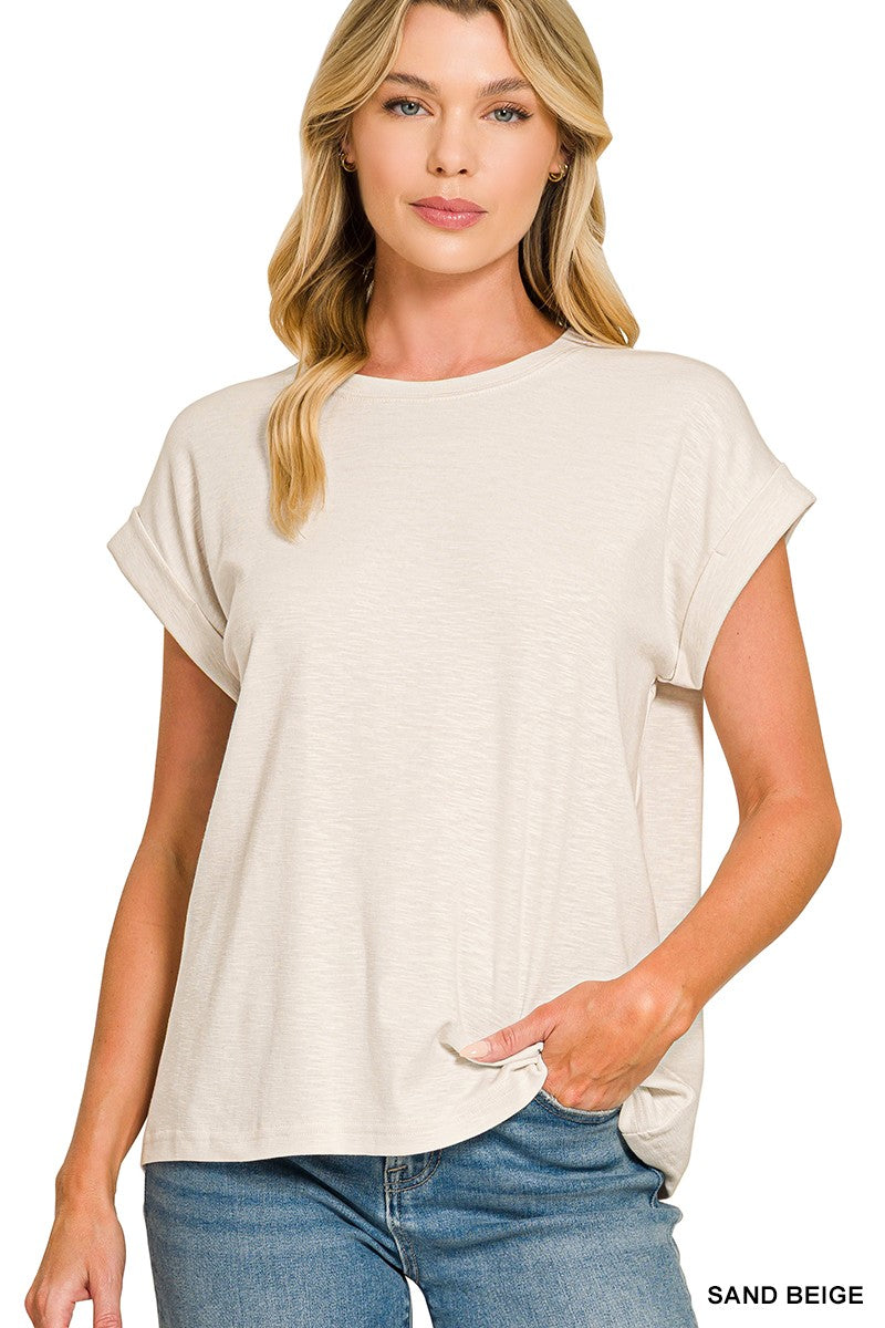 Sand Beige Cotton Modal Rolled Sleeve Tee
