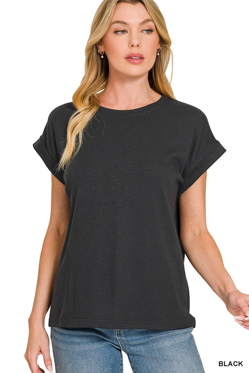 Black Cotton Modal Rolled Sleeve Tee