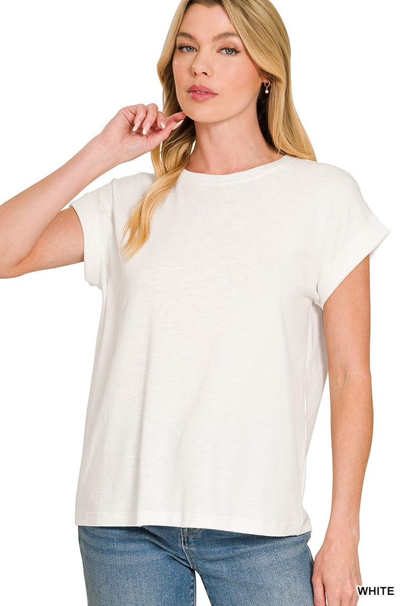 White Cotton Modal Rolled Sleeve Tee