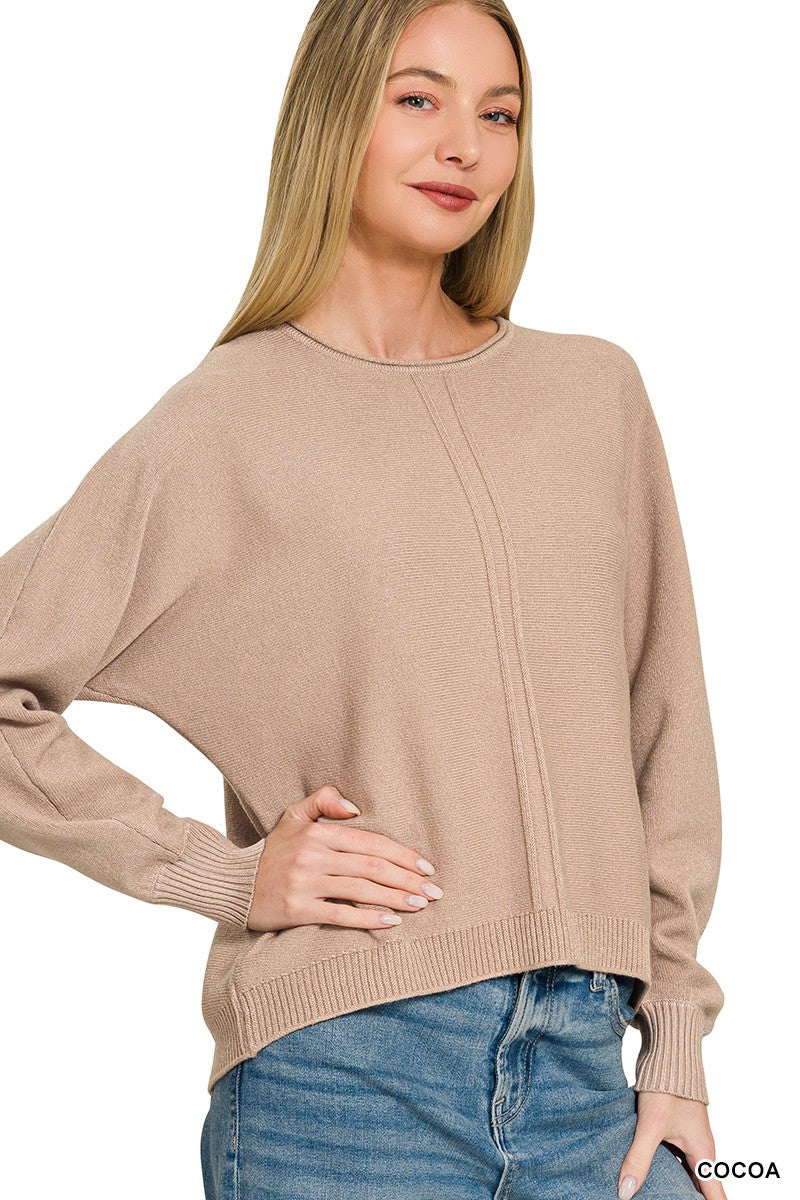 Cocoa Viscose Front Seam Round-neck Sweater