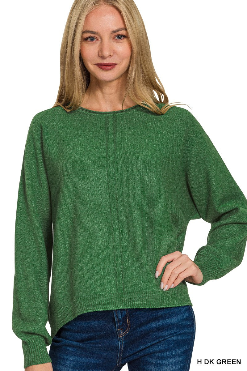 Dark Green Viscose Front Seam Round-neck Sweater