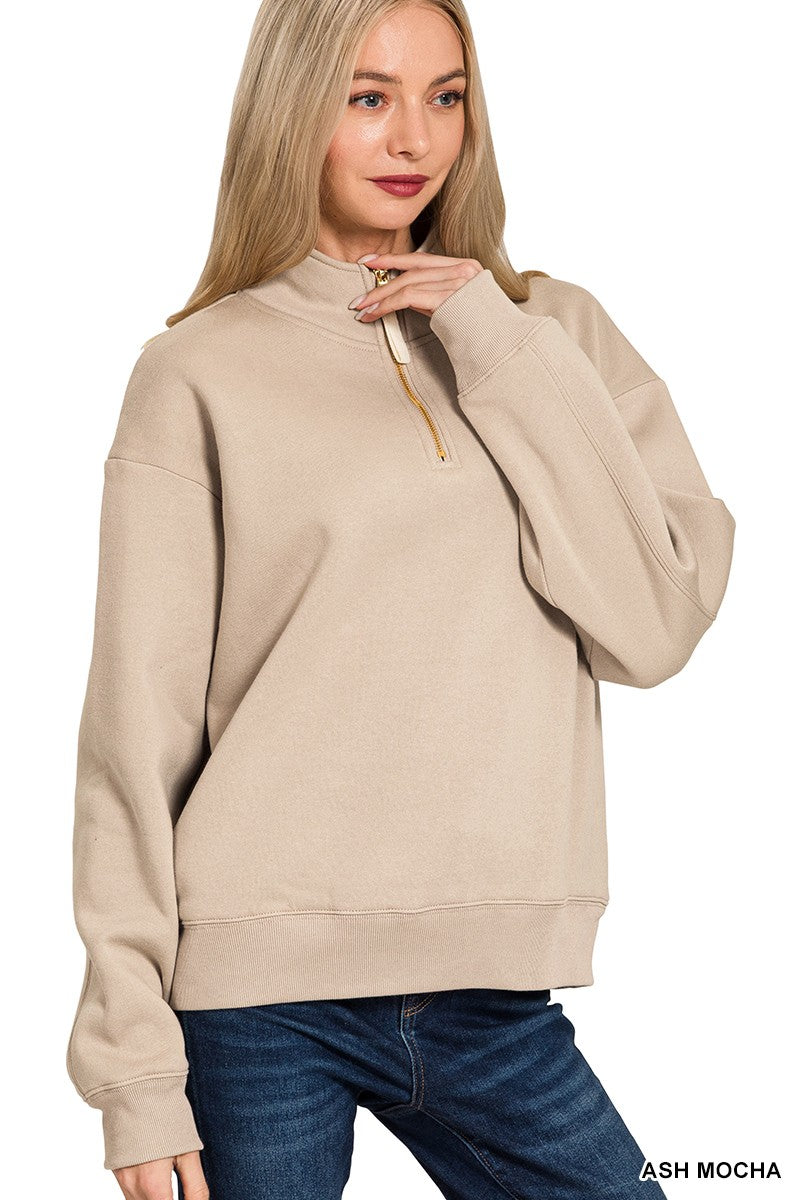 Ash Mocha Fleece Half Zip Sweatshirt - Posh West Boutique