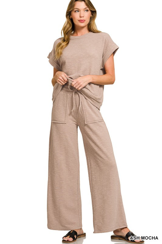 Ash Mocha Cotton Slub Short Sleeve Tee & Long Pants Set - Posh West Boutique