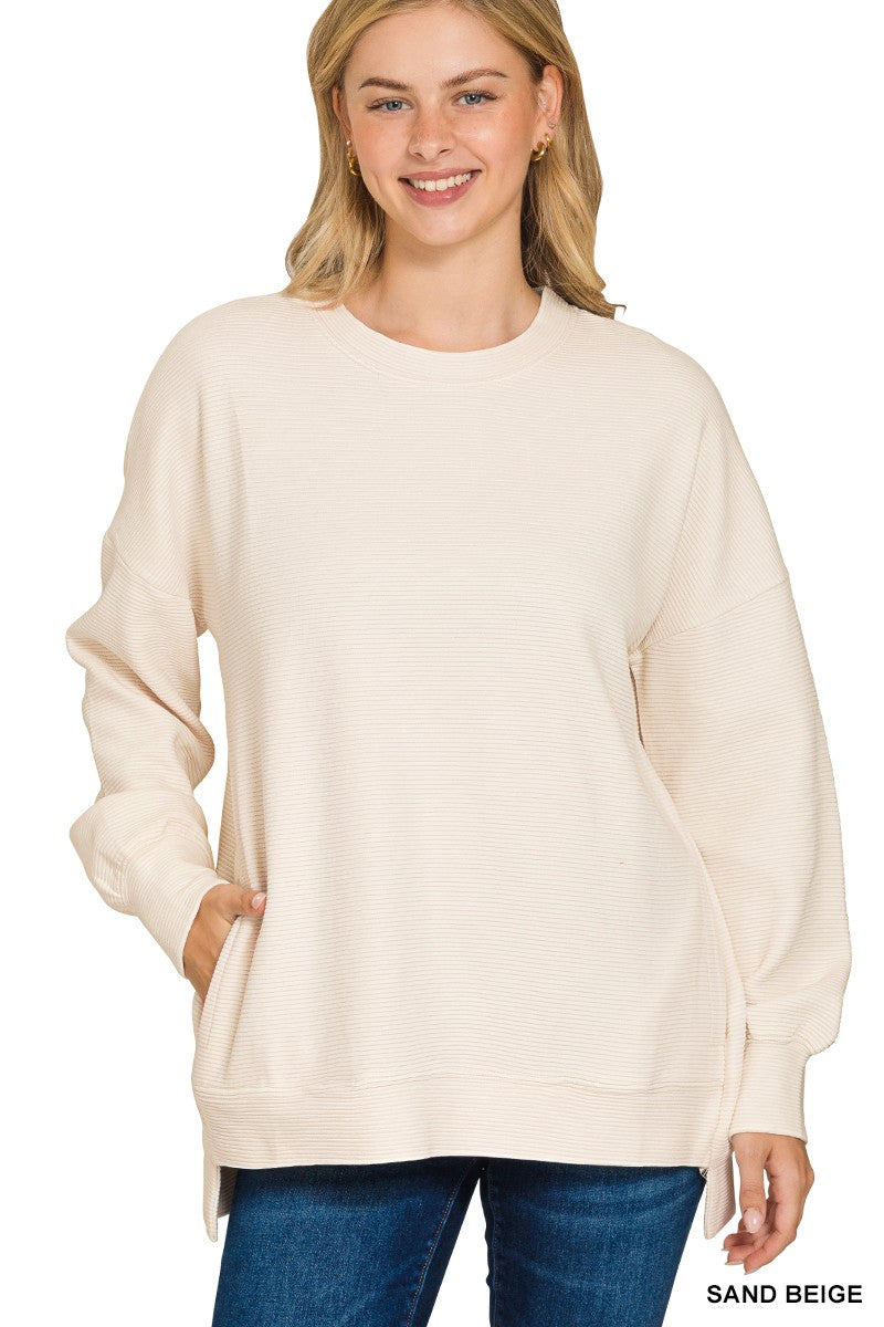 Sandy Beige Acid Washed Double Ribbed Pullover - Posh West Boutique