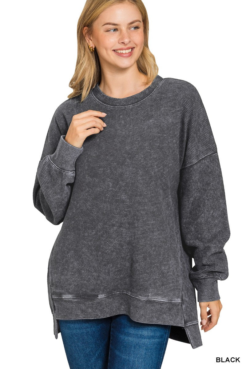 Black Acid Washed Double Ribbed Pullover - Posh West Boutique