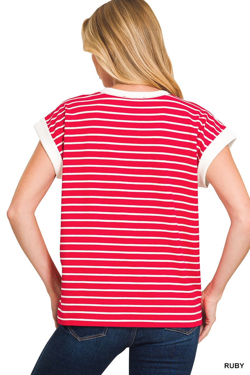 Ruby Contrast Trim Cap Sleeve Stripe Tee - Posh West Boutique