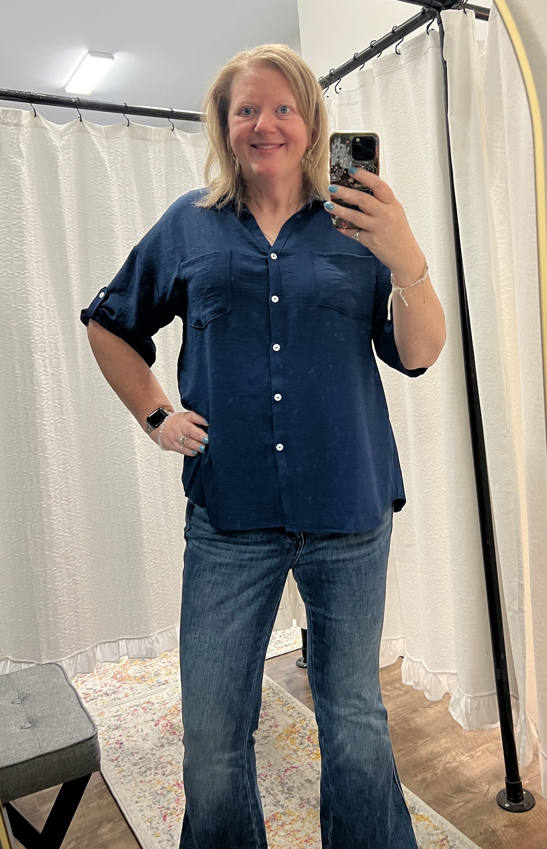 Navy Half Sleeve Collared Button Down Top