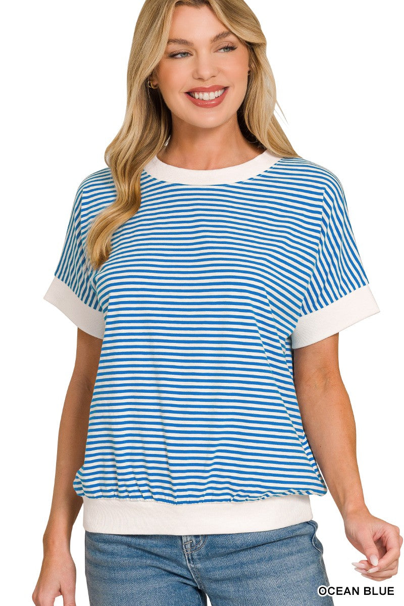 Ocean Blue Stripe Contrast Trim Rib Banded Top - Posh West Boutique