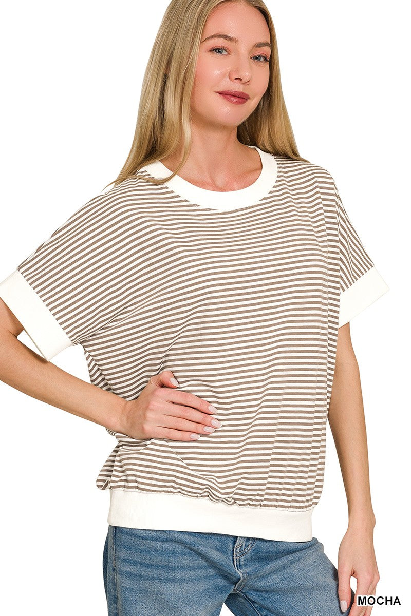 Mocha Stripe Contrast Trim Rib Banded Top