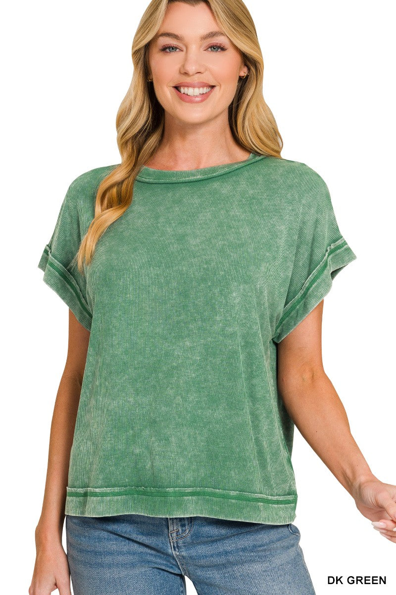 Dark Green Ribbed Acid Washed Top - Posh West Boutique